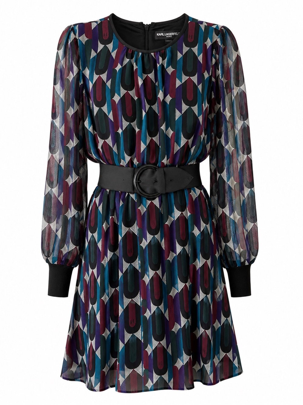 393. Karl Lagerfeld Teal Plum Black Geometric Long-Sleeve Dress